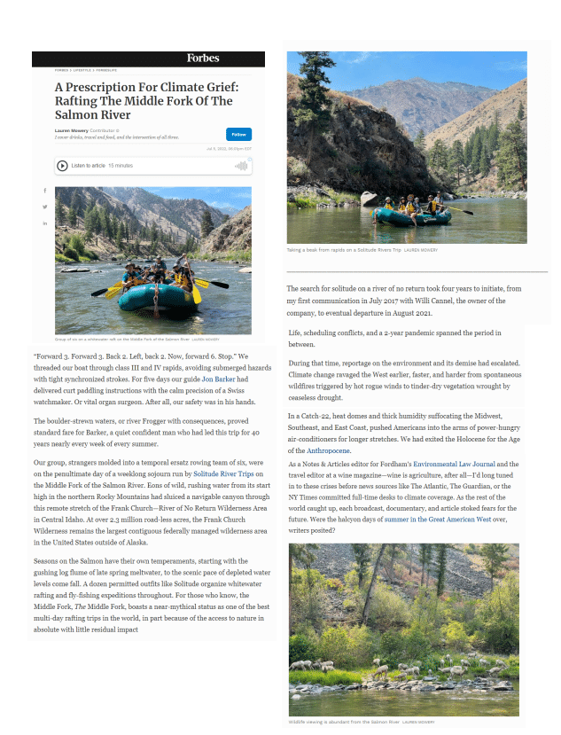 Forbes Magazine Article Page 1 Solitude River Trips press article in Forbes