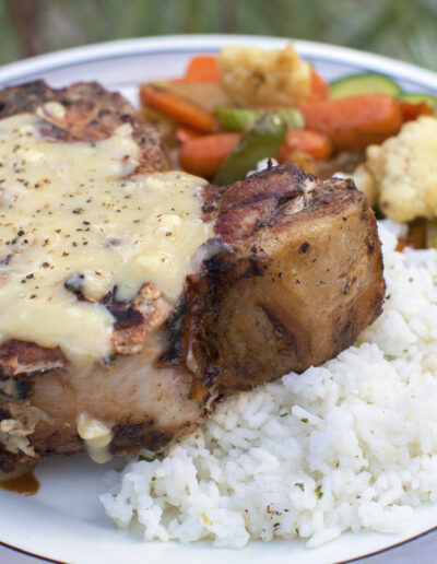 pork chops with jasmine rice and stir fry veggies