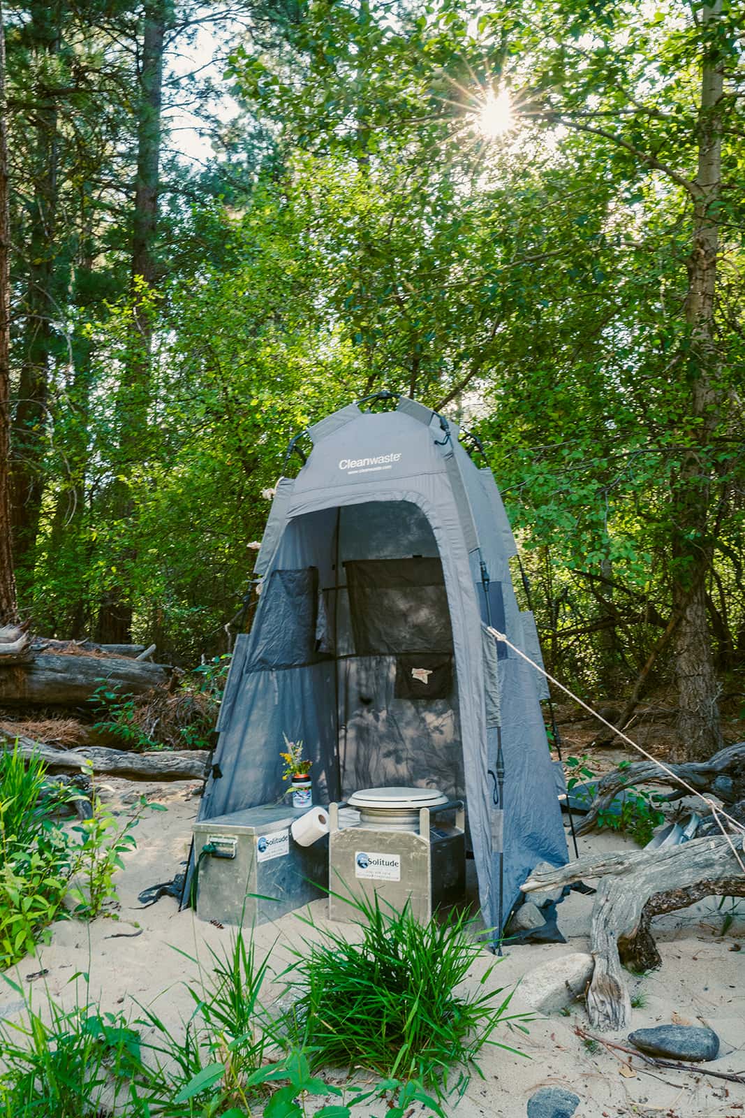 Riverside-restroom Riverside restroom facility set up at camp on the Middle Fork Salmon