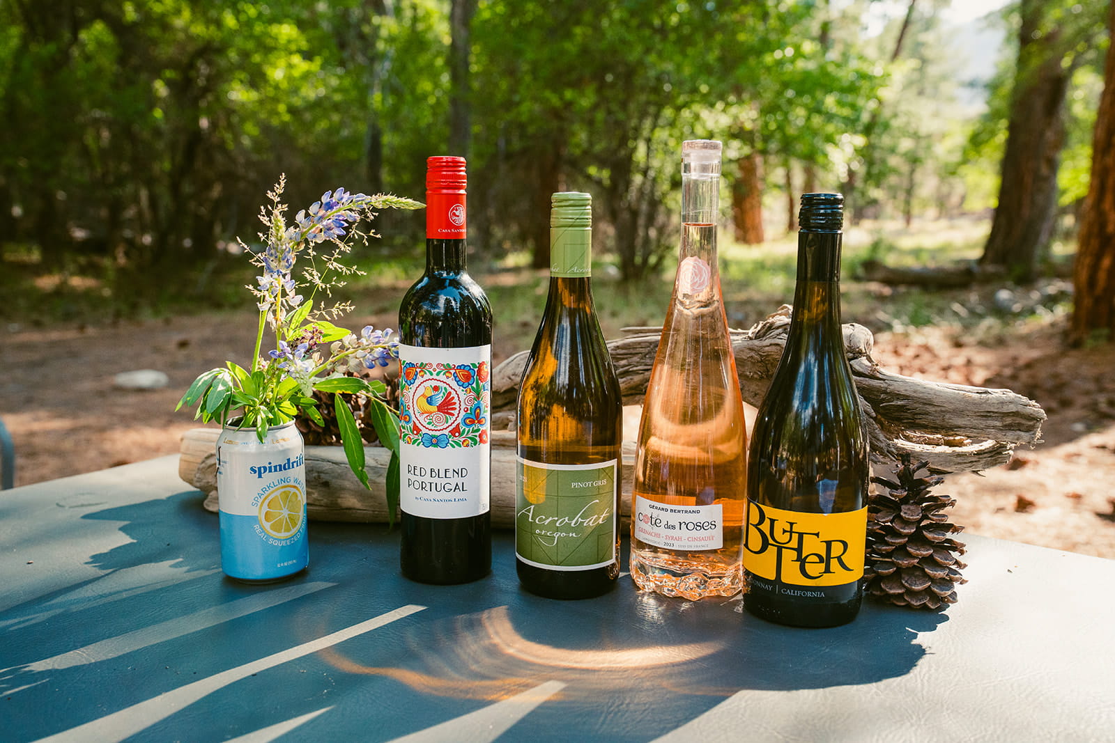 wilderness-beverages wine selection on a Solitude wilderness river trip