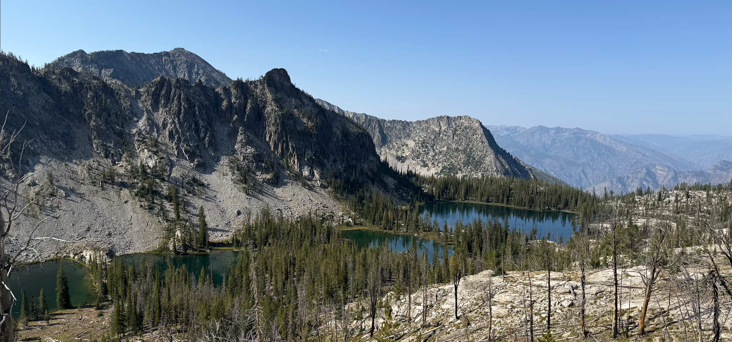 The four lakes that comprise Terrace Lakes in the granite mountains of the Big Horn Crags. 